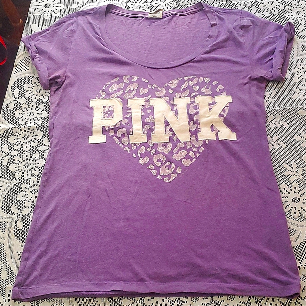 PINK, Purple Scoop Neck Short Sleeve T-Shirt, Size Large